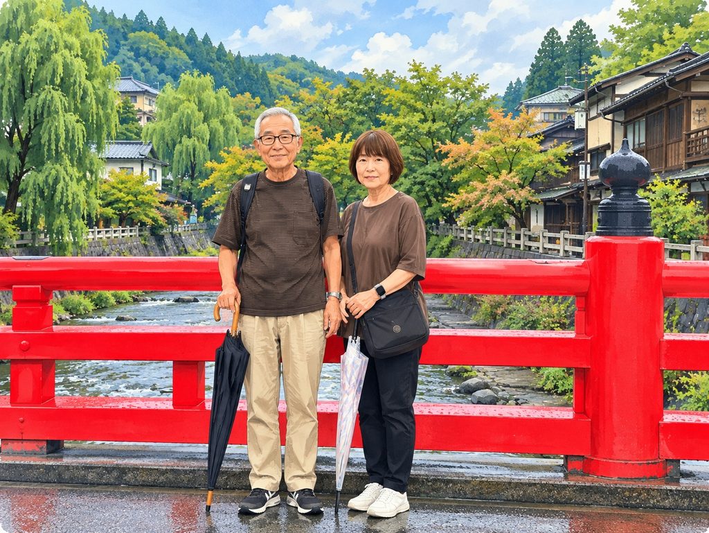 高山観光で立ち寄った朱塗りの橋のイラスト